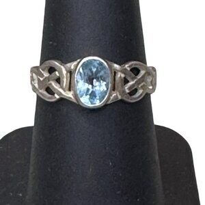 Vintage Sterling Silver Celtic Knot Ring Oval Blue Topaz Stone Size 7 Art Deco